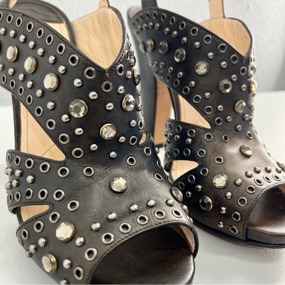 Prada Leather Studded Strappy Chocolate Block Heel Sandal Size 38.5 (US 8) - Picture 2 of 12